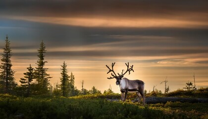 Naklejka premium Striking Woodland Caribou Roaming in a Nature Preserve, Capturing the Purity and Tranquility of Canadas Wilderness at Dusk