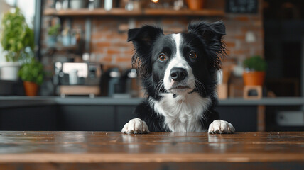 Border collie dog peeking over table in modern kitchen with wooden cabinet and houseplant interior