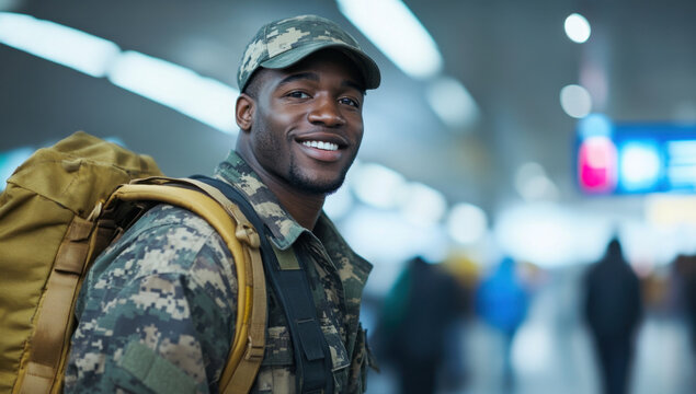 African American man wearing camouflage and a backpack smiles while standing in a bustling transportation area during the day