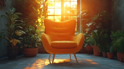 Fototapeta premium autumn concept vintage interior with armchair and window at sunset retro style