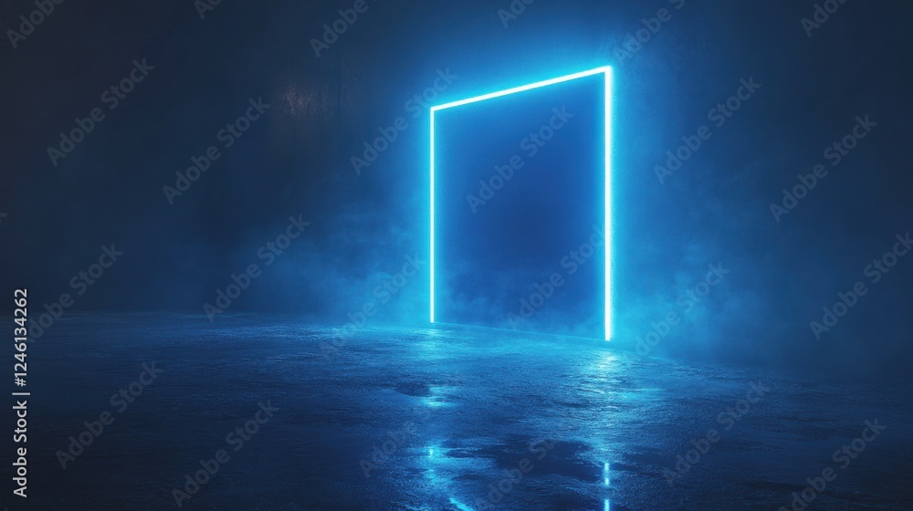Poster an abstract image of a glowing blue rectangle with light rays emanating from its perimeter against a