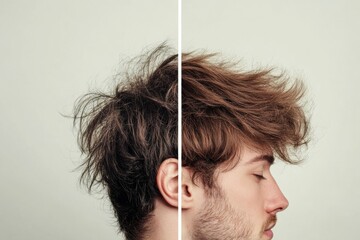Comparison of unkempt hair style versus a well styled haircut showcasing the difference in appearance and confidence. Generative AI