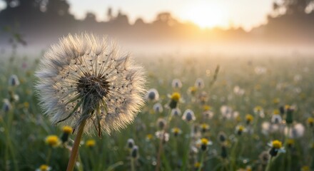 Serene sunrise over dewy dandelion field in misty countryside landscape