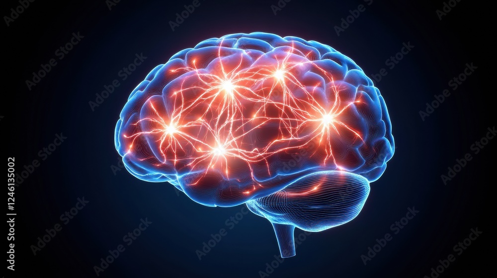 Poster exploring the intricate neural pathways of the brain with glowing neuron activity and subtle electri