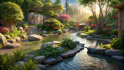 Serene Japanese Garden Landscape Tranquil Stream Lush Greenery Stone Pathway Sunrise
