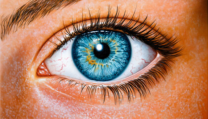 Fototapeta premium Close-up of a striking blue eye, detailed iris, long lashes, and visible blood vessels. Intense gaze.