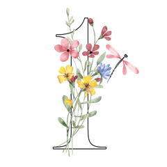 Number 1 with flowers and leaf. Perfectly for wedding, birthday, anniversary invitations, greeting cards, posters and other floral design. Hand painting. Isolated on white background.