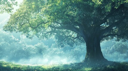 Enchanted Forest: Majestic Ancient Tree in Misty Morning