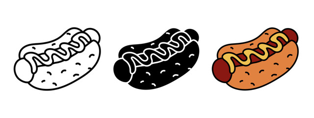 Hot dog icon. Hot dog sausage with mustard and bread bun vector illustration. American fast food snack symbol. Junk food sign. Hot dog eatery logo. Fast food meal pictogram. Cartoon sausage with sauce