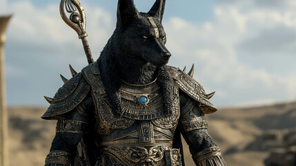 Gigantic Black Jackal in Photorealistic Ancient Warrior Scene with Detailed Armor