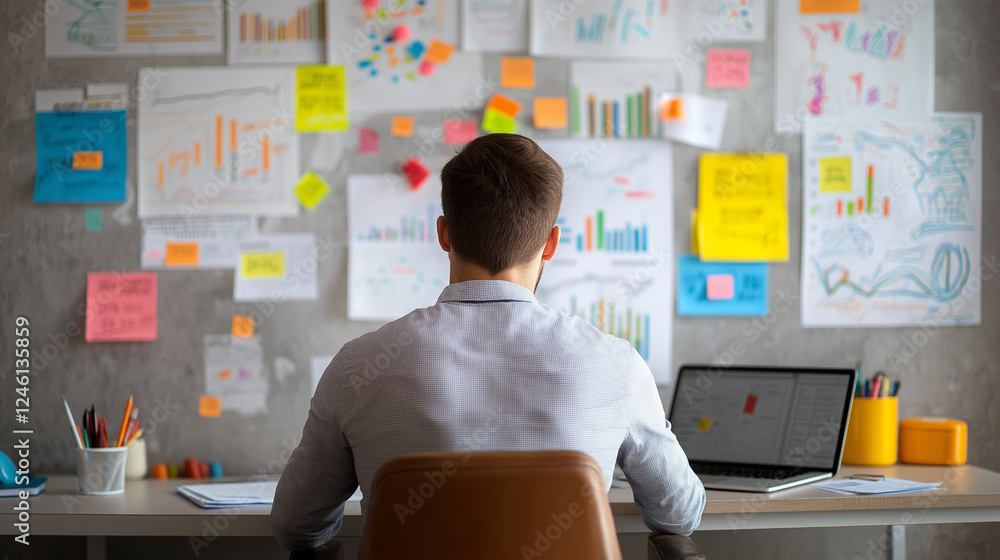 Poster a businessman analyzing charts and graphs on a wall, planning strategies and reviewing data in a mod