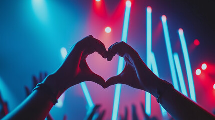 A pair of hands forming a heart shape in front of vibrant neon lights at a concert, symbolizing love and music appreciation.