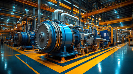 Industrial Machinery in a Modern Power Plant, A large, modern power plant showcasing a complex array of  Blue industrial machinery