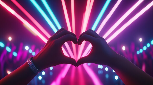 A pair of hands forming a heart shape in front of vibrant neon lights at a concert, symbolizing love and music appreciation. - Powered by Adobe