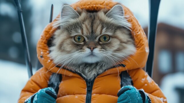 Furry adventurer dons a cozy jacket while preparing for snowy ski escapades in a winter wonderland