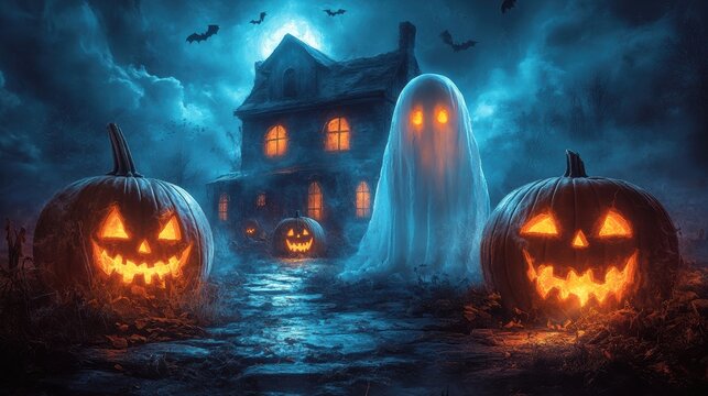 background with pumpkins on the background of a haunted house with ghosts