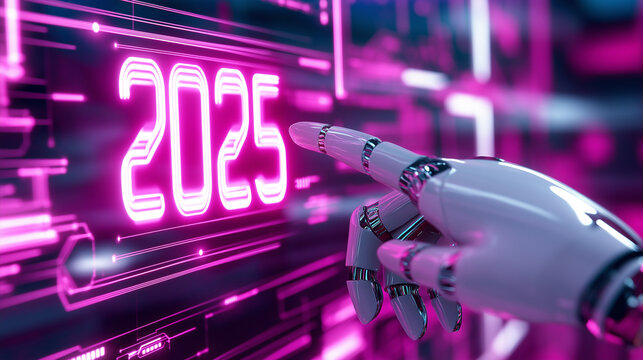 A robotic hand touches a glowing "2025" on a futuristic digital interface, symbolizing technology and future innovation.