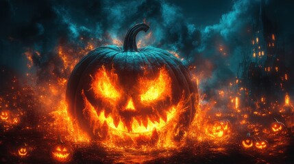 Naklejka premium background with scary pumpkins and haunted house in the forest