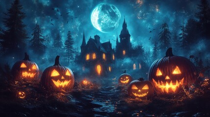 Fototapeta premium background with scary pumpkins and haunted house in the forest