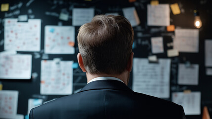 A man in a dark room intently examines a wall covered with notes, photos, and connections, suggesting investigation or research.
