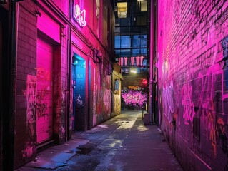 Fototapeta premium Pink neon alleyway graffiti urban night city background
