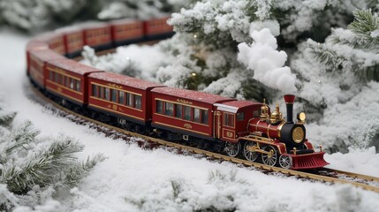 A charming red toy train engine pulls a long line of passenger cars through a snowy winter wonderland.