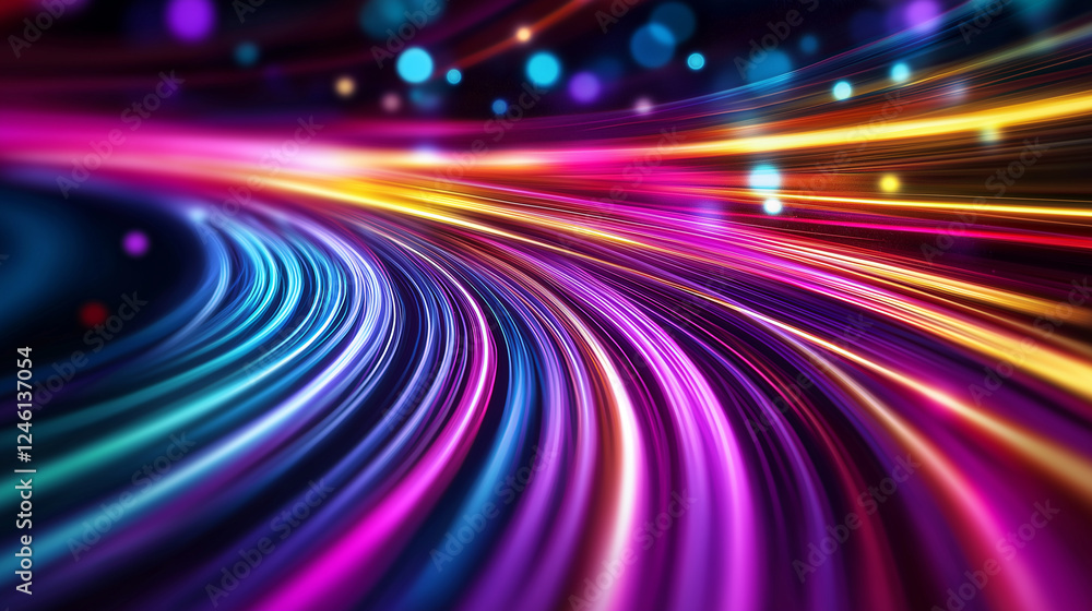 Poster a dynamic and colorful abstract background featuring flowing neon light trails in vibrant hues of pu