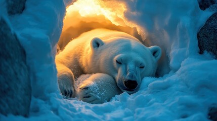 Obraz premium Tender moments between a mother polar bear and her cub nestled in a cozy den illuminated by warm light in a snowy landscape