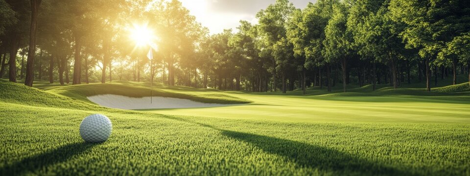 Golf ball on green, sunlit trees, sand bunker background, course advertising