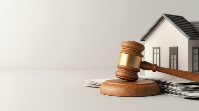A gavel rests on a wooden block beside a miniature house and rolled money, symbolizing real estate law and transactions.