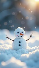 Obraz premium Tiny snowman on the ground amidst a blanket of pristine white snow and soft bokeh effect in the background, snowman, snow, small