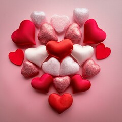 Fototapeta premium Generated image Assorted red, pink, and white hearts arranged elegantly on a soft pink gradient background