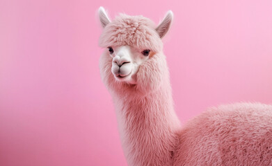 Fototapeta premium A fluffy alpaca with soft pink fur looks curiously at the camera against a pastel pink background, creating a whimsical and surreal effect.