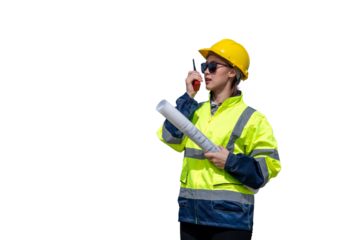 Engineers wearing safety gear, including hard hats examining survey standing industrial facility engaged in a job requires high safety standards concept with PNG white background.	
