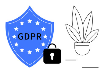 Blue shield marked with GDPR and stars, black padlock icon, and line-drawn potted plant. Ideal for data protection, privacy laws, online security, digital safety, compliance, cyber security personal