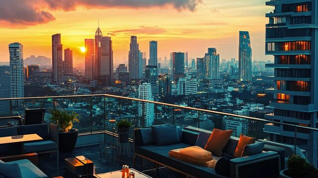 Urban Sunset Oasis: A breathtaking panoramic view of a vibrant cityscape at sunset, as seen from a luxurious rooftop terrace, complete with comfortable seating and ambient lighting.  