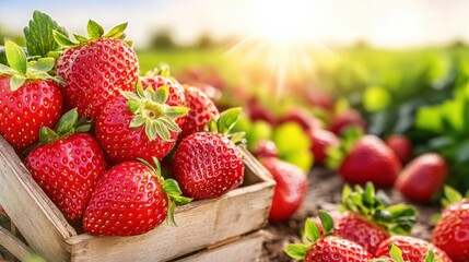 Freshly harvested strawberries in a wooden crate, sunlit field creating a warm, inviting atmosphere