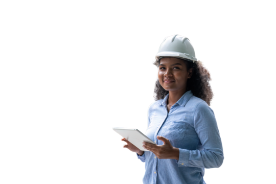 Engineers wearing safety gear, including hard hats examining survey standing industrial facility engaged in a job requires high safety standards concept with PNG white background.	