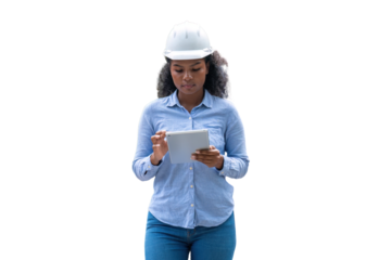 Engineers wearing safety gear, including hard hats examining survey standing industrial facility engaged in a job requires high safety standards concept with PNG white background.	
