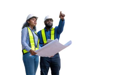 Engineers wearing safety gear, including hard hats examining survey standing industrial facility engaged in a job requires high safety standards concept with PNG white background.	