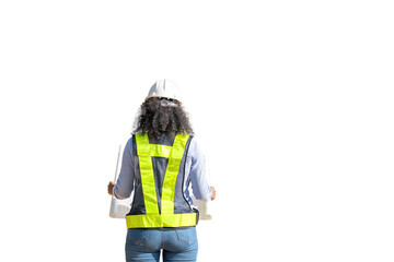 Engineers wearing safety gear, including hard hats examining survey standing industrial facility engaged in a job requires high safety standards concept with PNG white background.	