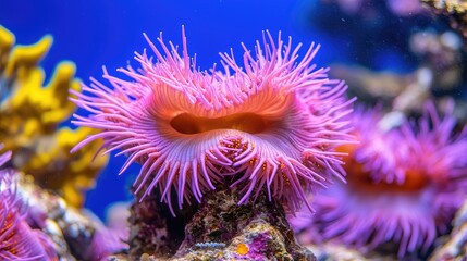 Pink Sea Anemone in Aquarium, Coral Reef Background