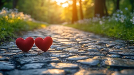 Fototapeta premium Two hearts path sunset spring romance