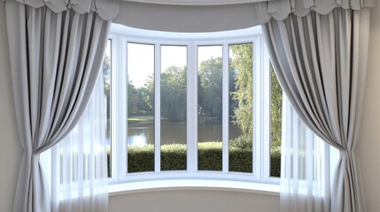 Sunlight streams through a bay window, showcasing a tranquil lake surrounded by vibrant greenery, creating a peaceful ambiance