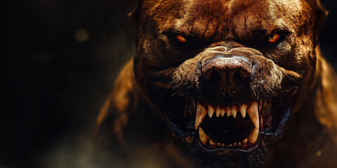 Fierce rabies dog showing fangs and intense expression in dark setting