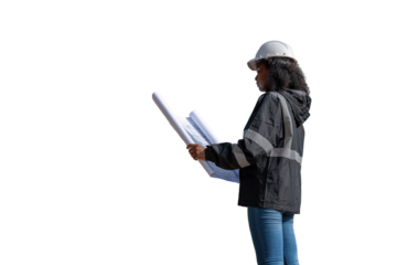 Engineers wearing safety gear, including hard hats examining survey standing industrial facility engaged in a job requires high safety standards concept with PNG white background.	