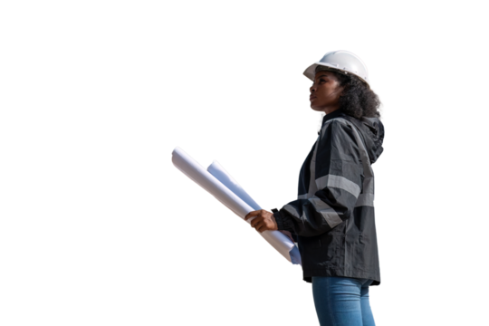 Engineers wearing safety gear, including hard hats examining survey standing industrial facility engaged in a job requires high safety standards concept with PNG white background.	