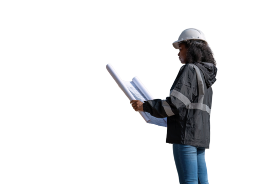 Engineers wearing safety gear, including hard hats examining survey standing industrial facility engaged in a job requires high safety standards concept with PNG white background.	
