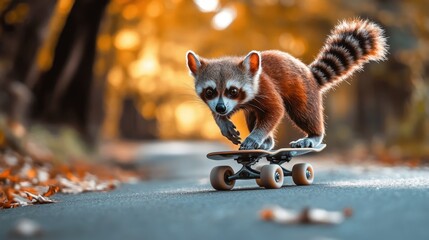Raccoon shows off impressive skateboarding skills on a tranquil autumn afternoon in a vibrant park