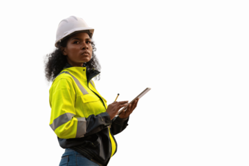 Engineers wearing safety gear, including hard hats examining survey standing industrial facility engaged in a job requires high safety standards concept with PNG white background.	